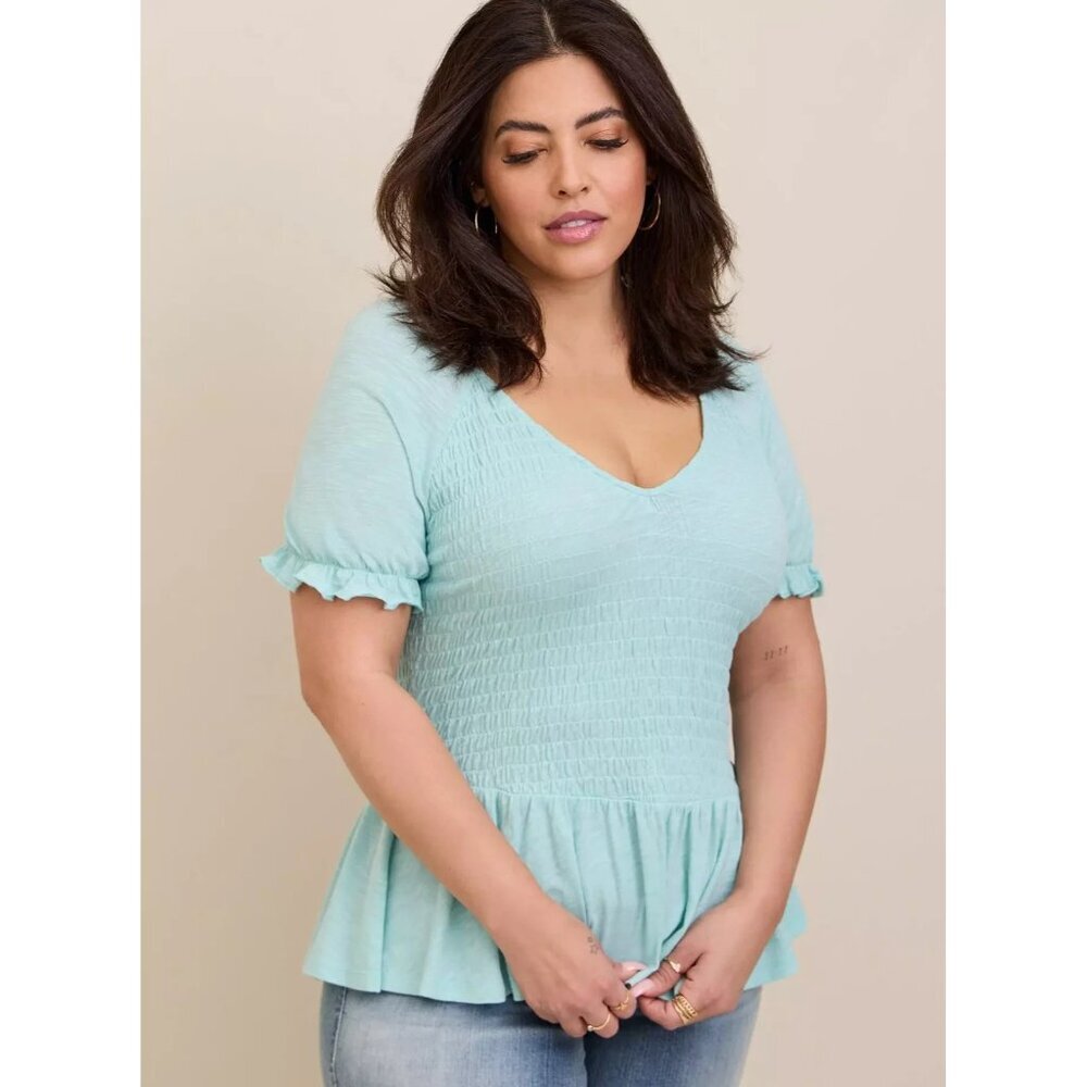 Torrid Cotton Modal Slub Smocked Short Sleeve Babydoll Canal Blue Size‎ 3 (3X)